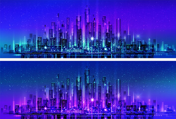 Plakat Night city skyline with neon glow. Illustration with architecture, skyscrapers, megapolis, buildings, downtown.