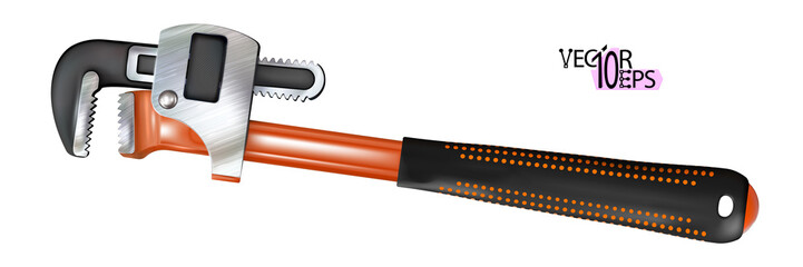 Adjustable realistic plumber wrench, pipe wrench. Plumbing tool, repair instrument isolated on white background. Plier, spanner. Vector illustration.