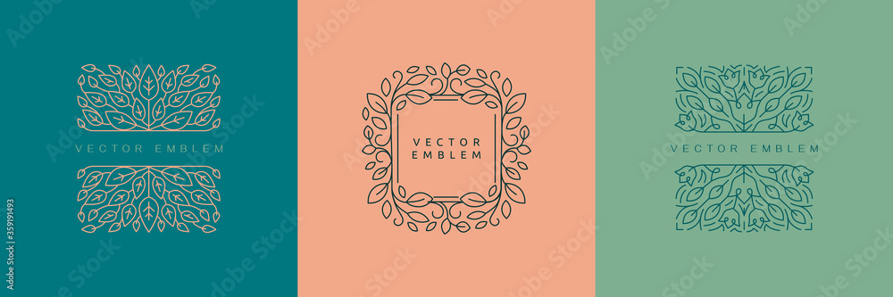 Aufkleber vector design templates in simple modern style with copy space for text, flowers and leaves - weddin