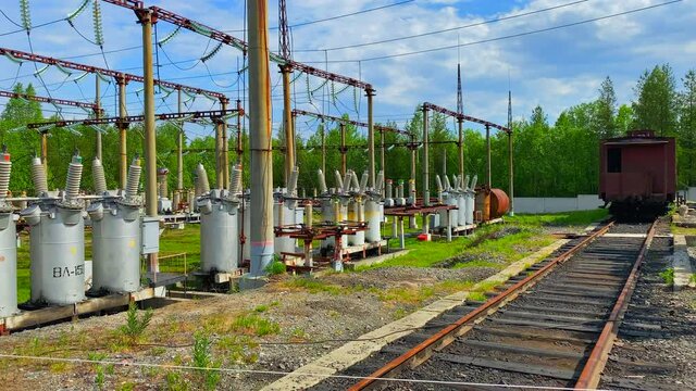 A very large switchgear at a step-down substation. 4K shooting
