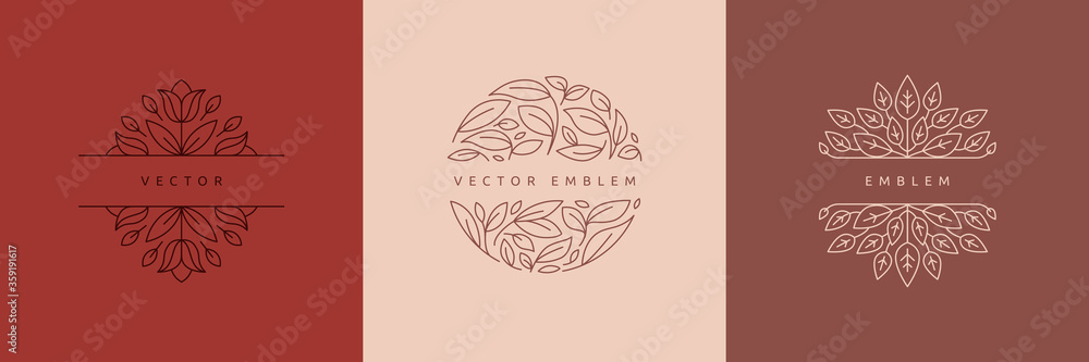 Aufkleber vector design templates in simple modern style with copy space for text, flowers and leaves - weddin