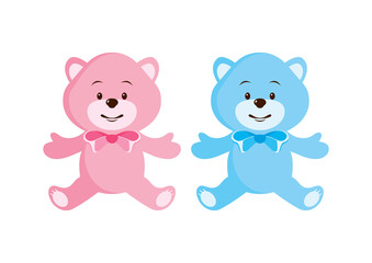 Cute pink and blue teddy bear with bow icon vector. Couple of teddy bears icon set. Teddy bear icon isolated on a white background. Favorite plush toy icon. Adorable bear cuddly toy vector