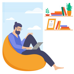 The best place for remote work. Young man is working outsourced. lat design vector illustration, ready to animation vector concept for web site, presentation, mobile app.