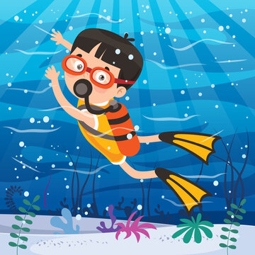 Little Cartoon Character Diving In The Ocean