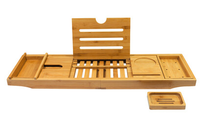 Obraz premium Extendable bamboo wooden bathroom tray with various object holders isolated on white background