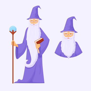 Powerful war mage avatar. Wizard is connoisseur of arcane magic with long gray beard blue robe with staff crystal power powerful energy creation and destruction fantasy cartoon vector.
