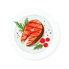 Grilled salmon on a plate. Salmon steak with tomatoes. Grilled fish. Vector illustration