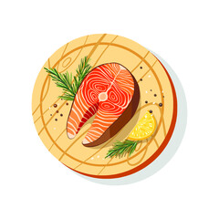 Salmon on a wooden Board. The Salmon Steak. Grilled fish. Rosemary and lemon. Vector illustratio