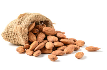 almonds nuts with sack isolated on white background.