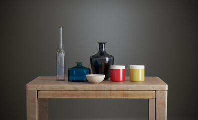 various tableware on a wooden table still life 3D computer generated illustration