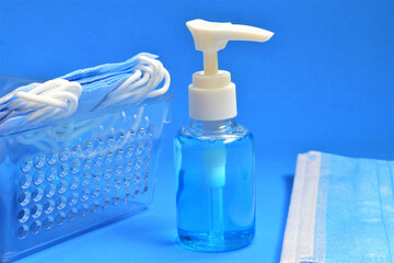 Close up, hygienic measures, on blue background.