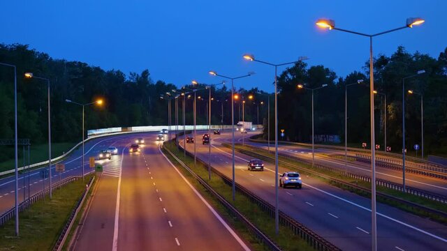 Evening traffic on express road S8, part of European route E67 (Via Baltica) in Warsaw city, Poland