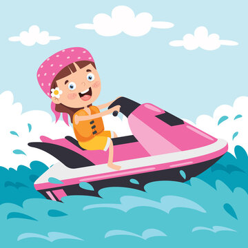 Funny Cartoon Character Riding Jet Ski