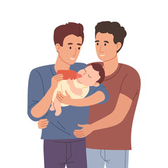 young father feeds the baby from a baby bottle. A man holds a child in his arms and gives him milk, next to it is a crib. Vector illustration in a flat style isolated on white background.