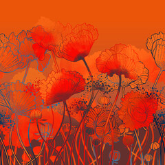 silhouette meadow poppies seamless border - obrazy, fototapety, plakaty