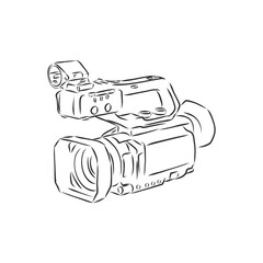 video camethe sketch of a portable video camera on a black backgroundra. video camera, vector sketch illustration