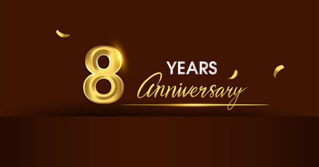 8th years anniversary celebration logotype. anniversary logo with golden color and gold confetti isolated on dark background, vector design for celebration, invitation card, and greeting card