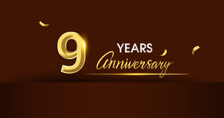 9th years anniversary celebration logotype. anniversary logo with golden color and gold confetti isolated on dark background, vector design for celebration, invitation card, and greeting card