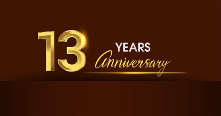 13th years anniversary celebration logotype. anniversary logo with golden color and gold confetti isolated on dark background, vector design for celebration, invitation card, and greeting card