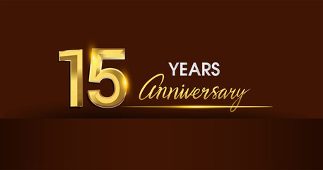 15th years anniversary celebration logotype. anniversary logo with golden color and gold confetti isolated on dark background, vector design for celebration, invitation card, and greeting card