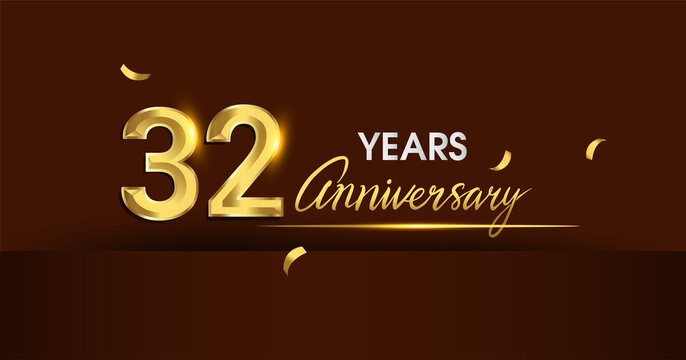 32nd years anniversary celebration logotype. anniversary logo with golden color and gold confetti isolated on dark background, vector design for celebration, invitation card, and greeting card
