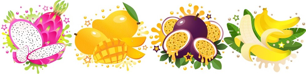 Set of 4 juicy tropical fruits: dragon fruit, yellow mango, passion fruit, banana. Vector bright exotics.