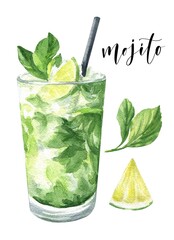 Watercolor mojito cocktail isolated on white background. Hand drawn drink illustration. - obrazy, fototapety, plakaty