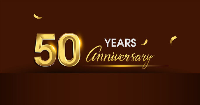 50th years anniversary celebration logotype. anniversary logo with golden color and gold confetti isolated on dark background, vector design for celebration, invitation card, and greeting card