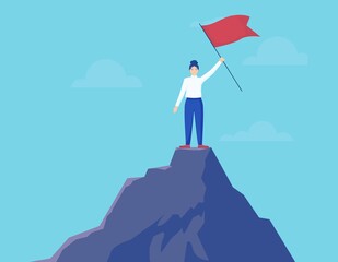 Woman with flag top mountain concept. Successful female character leader at peak of career red flag success active career active progress in climbing cartoon high vector top.