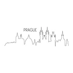 Prague one line vector landmark silhouette illustration. Capital city of Czech Republic, Prague black thin skyline with writing. Isolated.