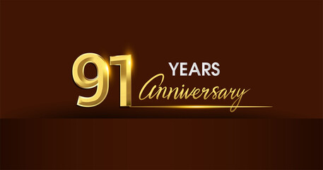 91st years anniversary celebration logotype. anniversary logo with golden color and gold confetti isolated on dark background, vector design for celebration, invitation card, and greeting card