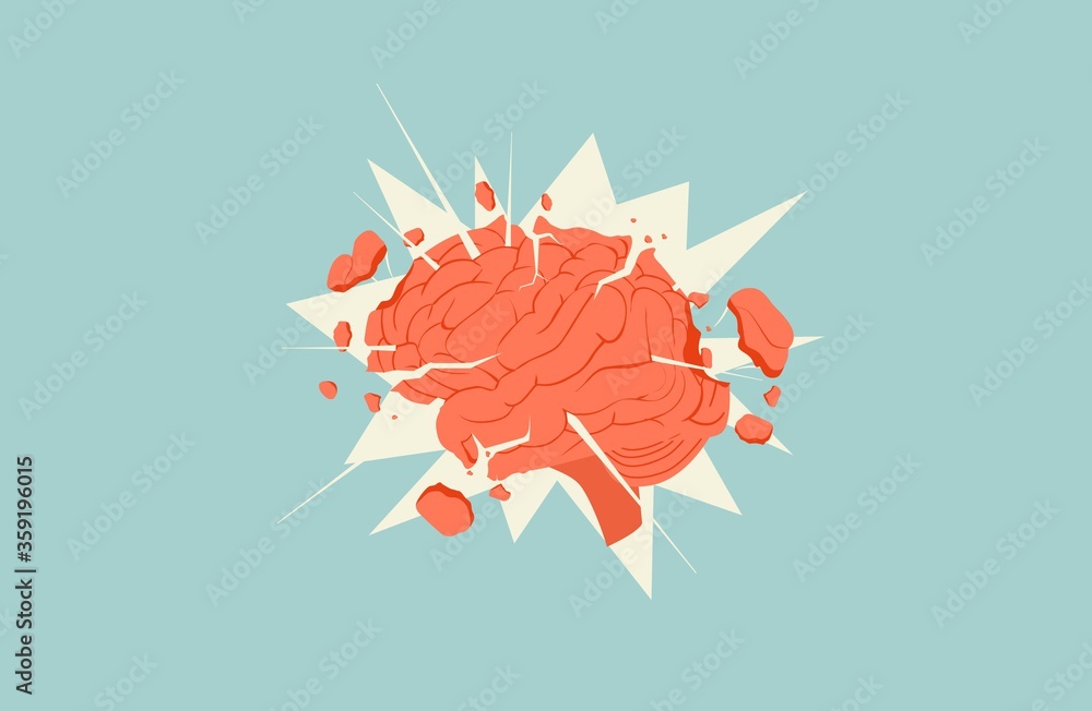 Poster exploding flying apart parts brain illustration. concept information overload lack of calm thinking 
