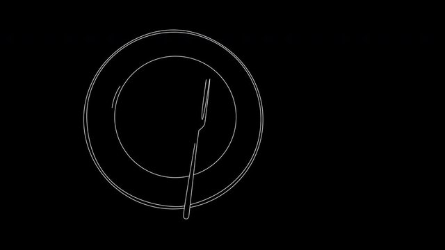 Self drawing animation of plate, cutlery, fork and spoon. Black background. Copy space.