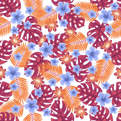 Obraz premium Seamless pattern with a tropical leaves of monstera and areca trees and hibiscus flowers
