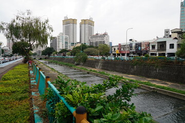 Taichung, Taiwan - 2 November 2018: Cityscape of the green spaces and a river in the town.