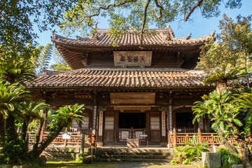 NAGASAKI, Japan. Wooden decorated entry gate to one of the oldest historic Zen Buddhist Temple Complex (Seifuku-ji).