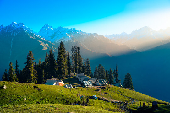 mountain landscape in the himalaya. Top view of camping site in Himalayan mountains, Kasol, Parvati valley, Himachal Pradesh, northern India.
