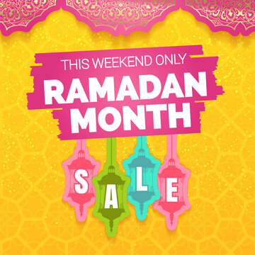 Ramadan Kareem month sale offer, banner template. Colored lamps with lettering, isolated on yellow background with arabic seamless. Ramadan lamp sale tags. Shop market poster design. Vector