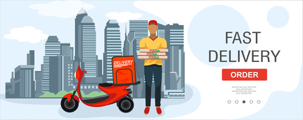 Logistics and Fast delivery of package service service landing page template. Delivery home and office. City Fast delivery. Scooter and delivery man pizza, courier. Vector illustration