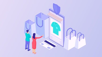Buying clothes online isometric concept. Purchase fashionable clothes using online store applications payment vector credit card upon receipt from courier modern electronic commerce.