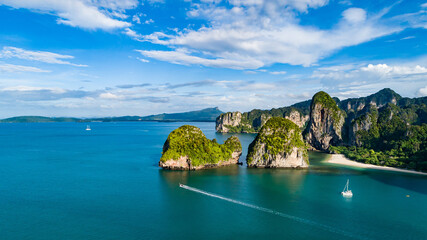 Railay beach in Thailand, Krabi province, aerial view of tropical Railay and Pranang beaches and coastline of Andaman sea from above