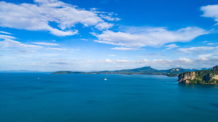 Railay beach in Thailand, Krabi province, aerial view of tropical Railay and Pranang beaches and coastline of Andaman sea from above