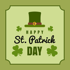 Vector Happy Saint Patrick's Day greeting card with leprechaun hat and shamrock in a vintage style frame