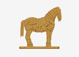 Trojan horse illustration. Mythicaln statue horse military deception Greek troops monument to historical trick war imperceptible penetration infliction of tangible vector damage.