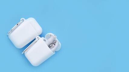 Reusable grey silicone drinking straws and a cleaning brush in the white box with a hanger on blue background, from upper view, eco-friendly lifestyle. Zero waste concept..