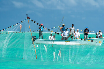 Net fishing in Rodrigues island. Opening of the fishing season on the first of March 2017