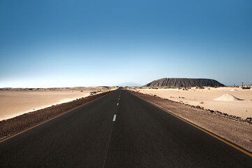 Highway road to Erta Ale Volcano in the desert, scene in perspective, Afar region, Danakil...