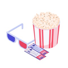 Cinema supplies isometric set. Modern cinema entertainment 3D glasses effect presence yellow salty popcorn two tickets to evening session new science fiction film art vector realistic fantasy show