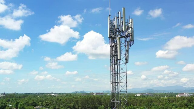 Footage 4k B-roll Aerial drone view of tower antennas Telecommunication cell phone, radio transmitters of cellular 5g 4g mobile and smartphones