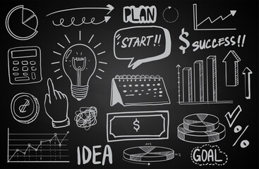 Business Idea doodles icons set. Vector illustration. isolated on blackboard background.